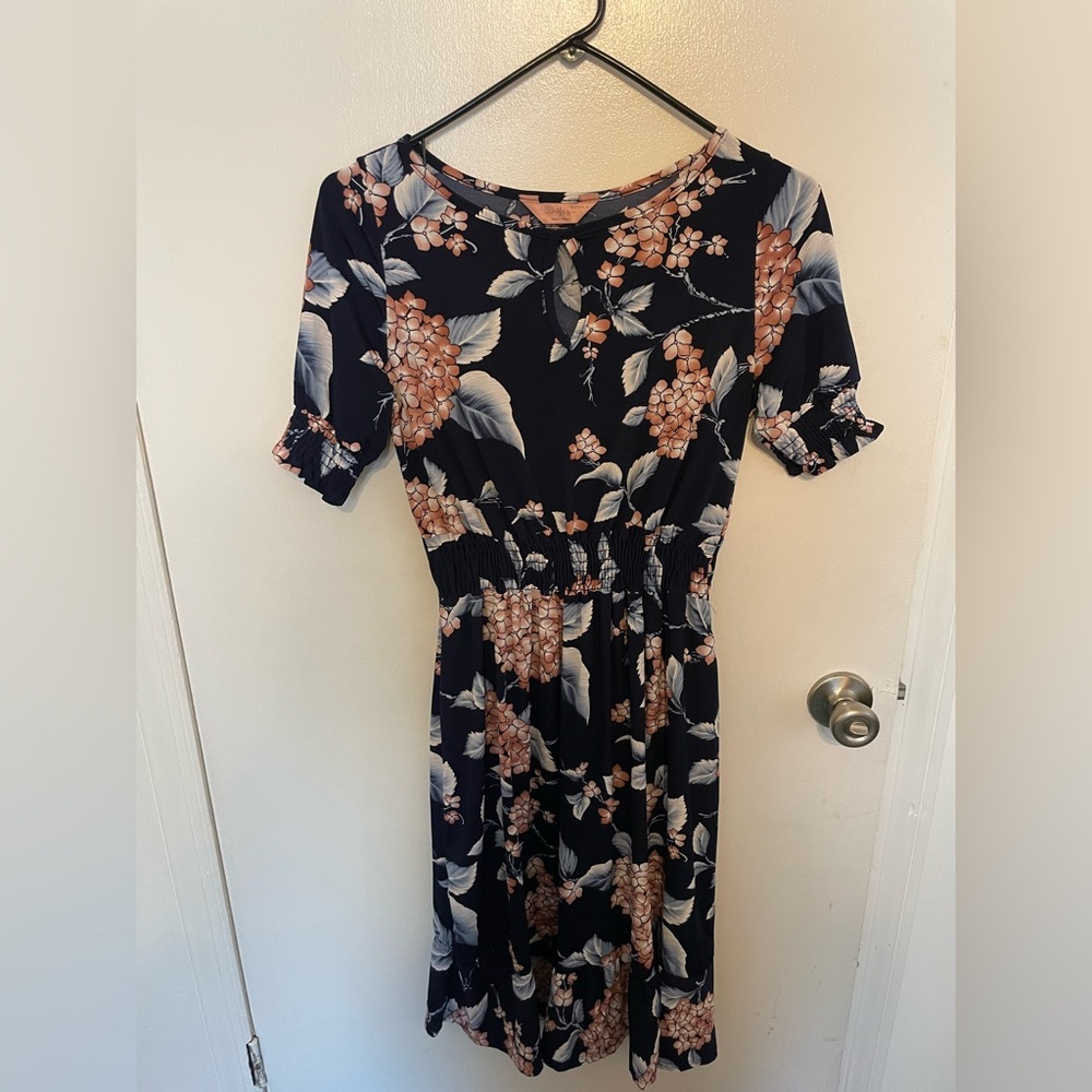 SJS Navy and Peach Floral Midi Dress